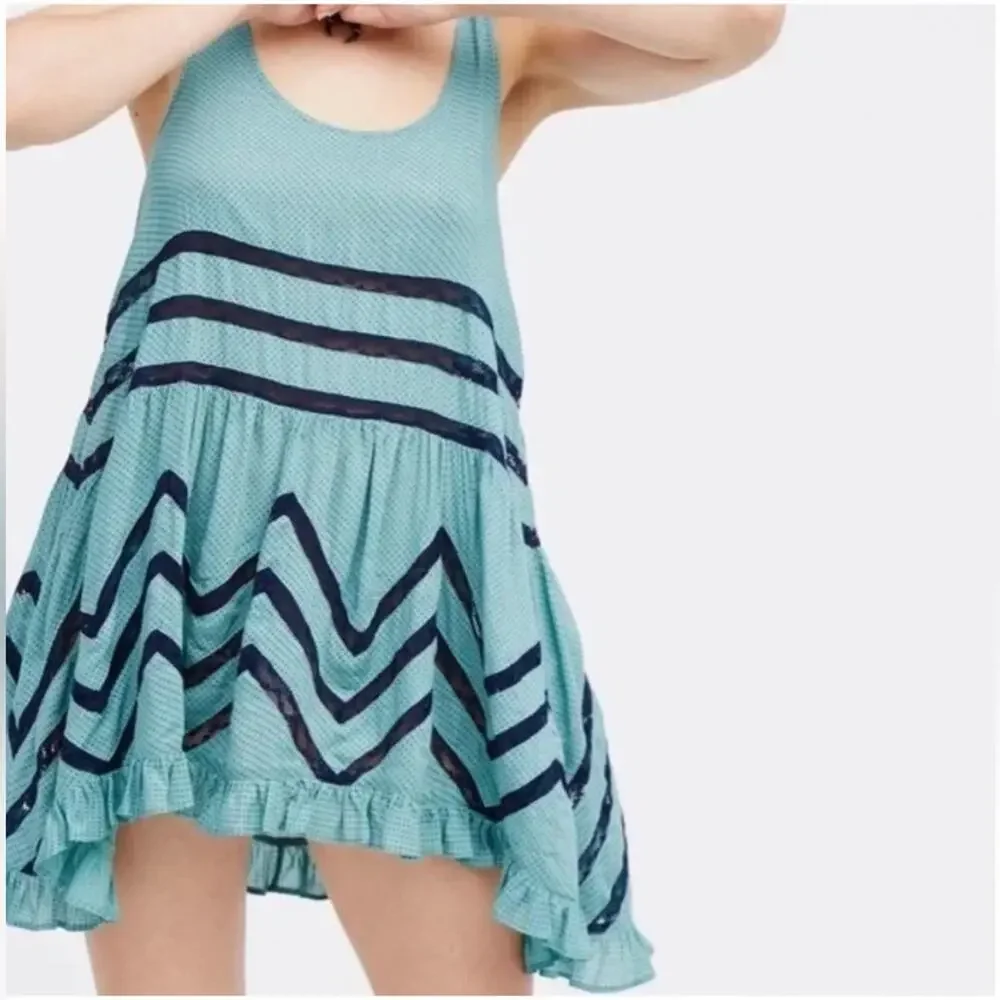 FREE PEOPLE Womens Polka Dot Lace Trapeze Dress in Navy and Muted Teal Size XS